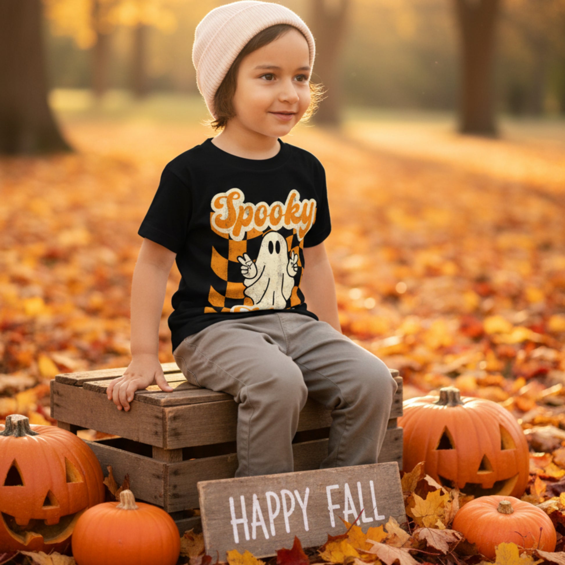 Spooky Mini Vibes Halloween toddler shirt with a friendly ghost, bold orange and cream lettering, and a black background. This retro inspired Halloween tee is perfect for toddlers attending Halloween parties, visiting pumpkin patches, taking family photos, and celebrating spooky season.