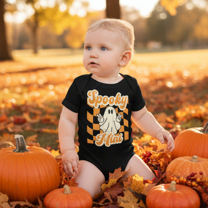 Spooky Mini Vibes Halloween baby bodysuit in black with bold orange and cream lettering, a playful ghost, and a distressed vintage inspired design. A fun Halloween outfit for babies and a cute addition to matching family Halloween shirts for photos, parties, and pumpkin patch outings.