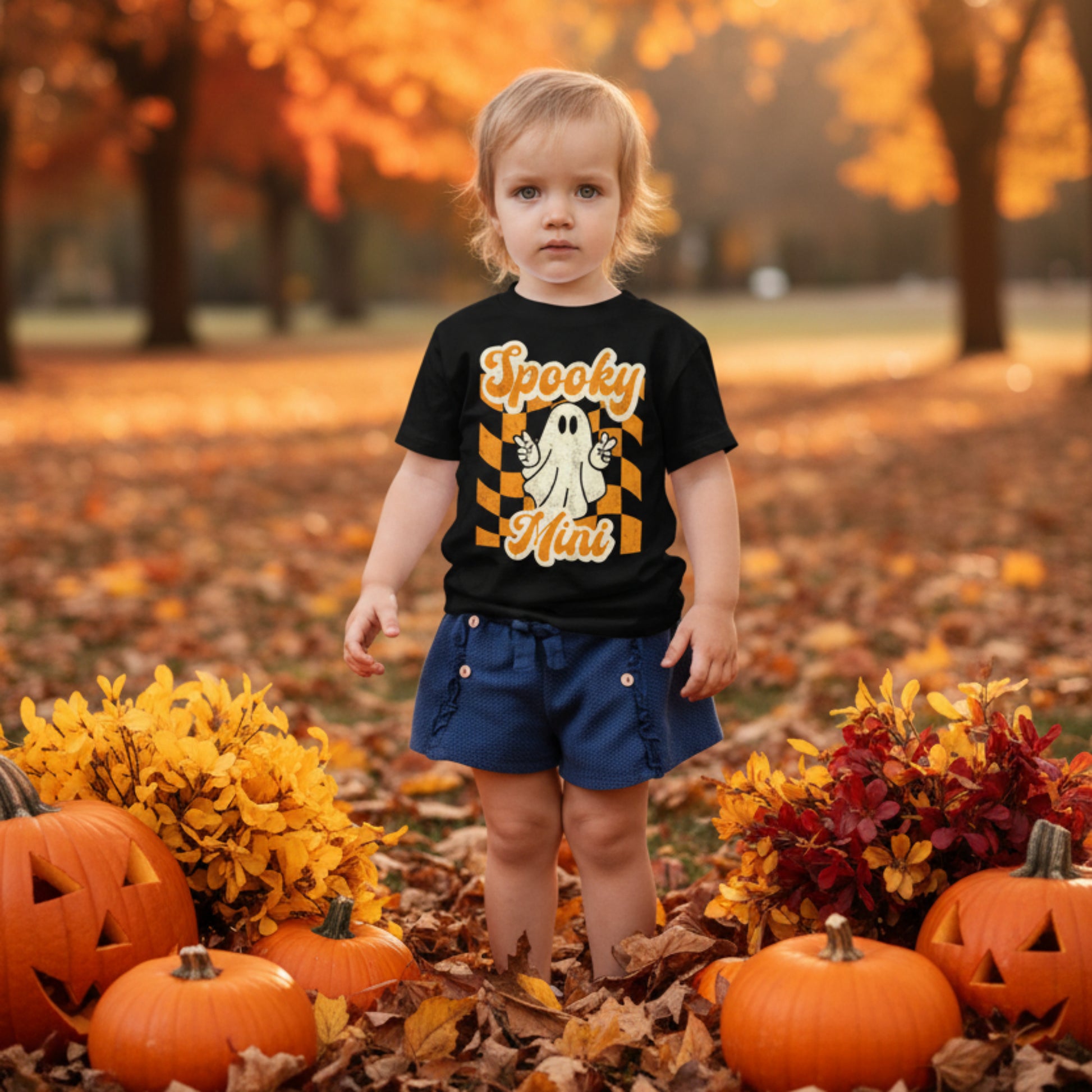 Spooky Mini Vibes toddler Halloween shirt in black, orange, and cream featuring a playful ghost, retro lettering, and distressed Halloween graphics. A fun toddler Halloween outfit for pumpkin patch visits, family photos, Halloween parties, and matching family outfits.