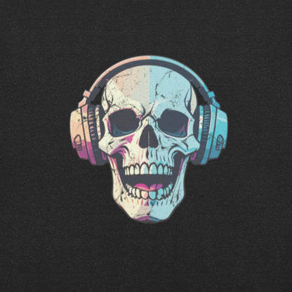 Model wearing a spooky music t-shirt with a laughing skull and headphones graphic on a solid black tee. Perfect for fans of punk, emo, goth, or horrorcore fashion, this shirt delivers Halloween energy all year long. Soft cotton and inclusive sizing from XS to 5XL make it a go-to piece for music festivals, haunted hangouts, and creepy casual style lovers.