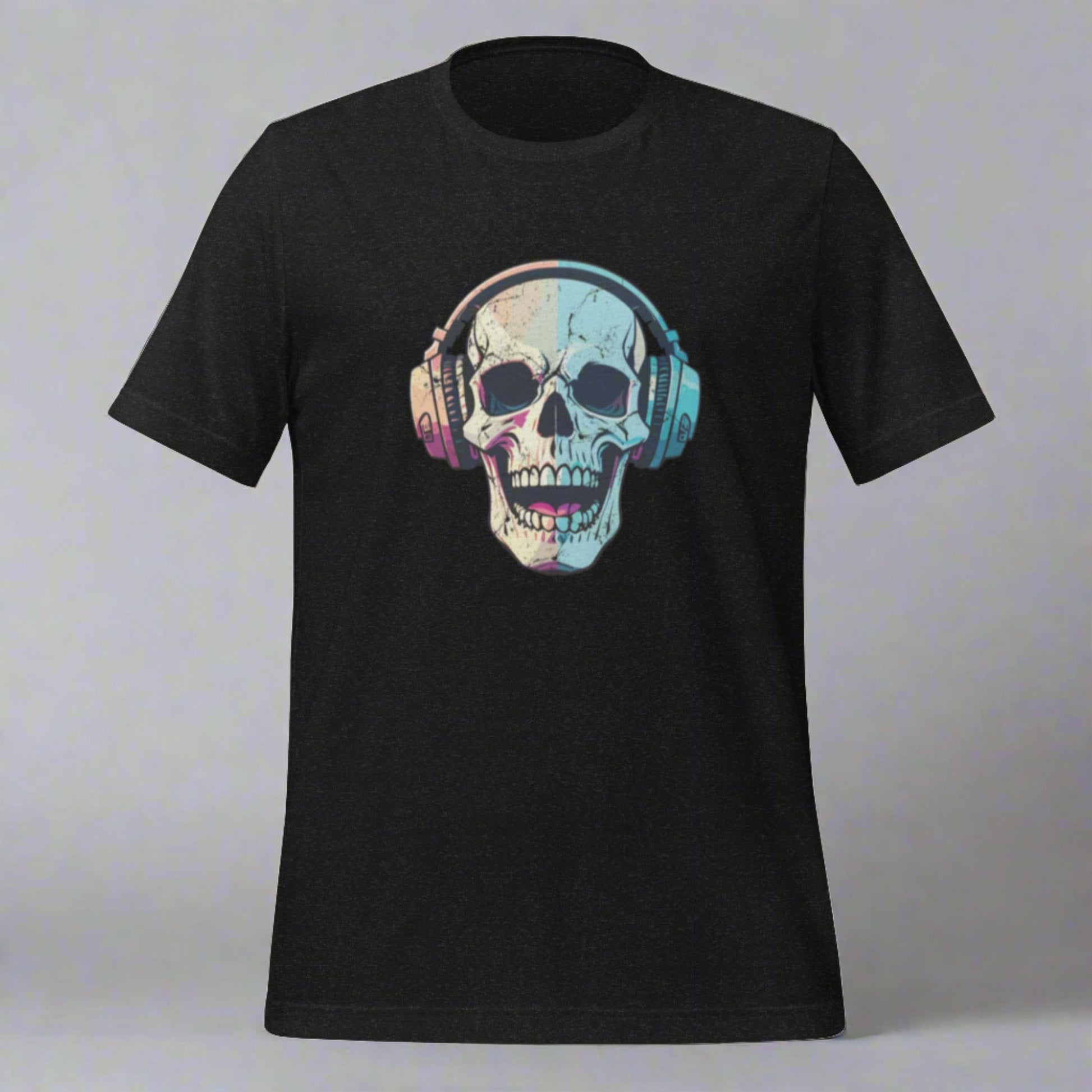 Flat lay of a black t-shirt with a creepy laughing skull in headphones design, ideal for music lovers and Halloween enthusiasts. This unisex graphic tee brings together humor, horror, and haunting style in one comfortable, pre-shrunk cotton tee. Available in plus sizes up to 5XL, it’s the perfect spooky fashion statement for concerts, October events, or alternative everyday wear.

