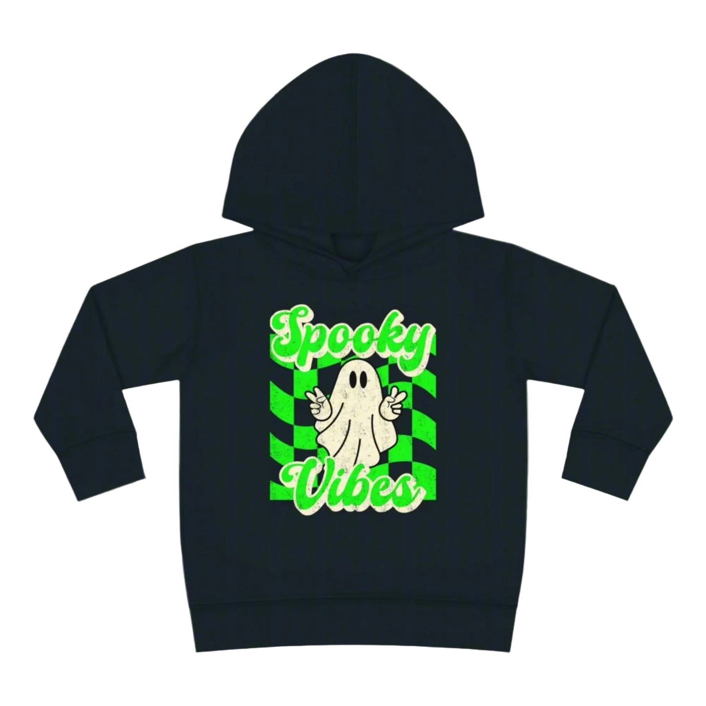 Spooky Vibes Halloween Toddler Hoodie. Featuring a green checkerboard design with a cute ghost giving peace signs, with the text spooky vibes. Mommy and Me/ Family Matching options, by jaecrece