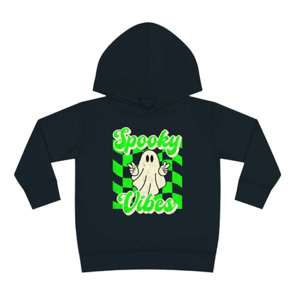 Spooky Vibes Halloween Toddler Hoodie. Featuring a green checkerboard design with a cute ghost giving peace signs, with the text spooky vibes. Mommy and Me/ Family Matching options, by jaecrece