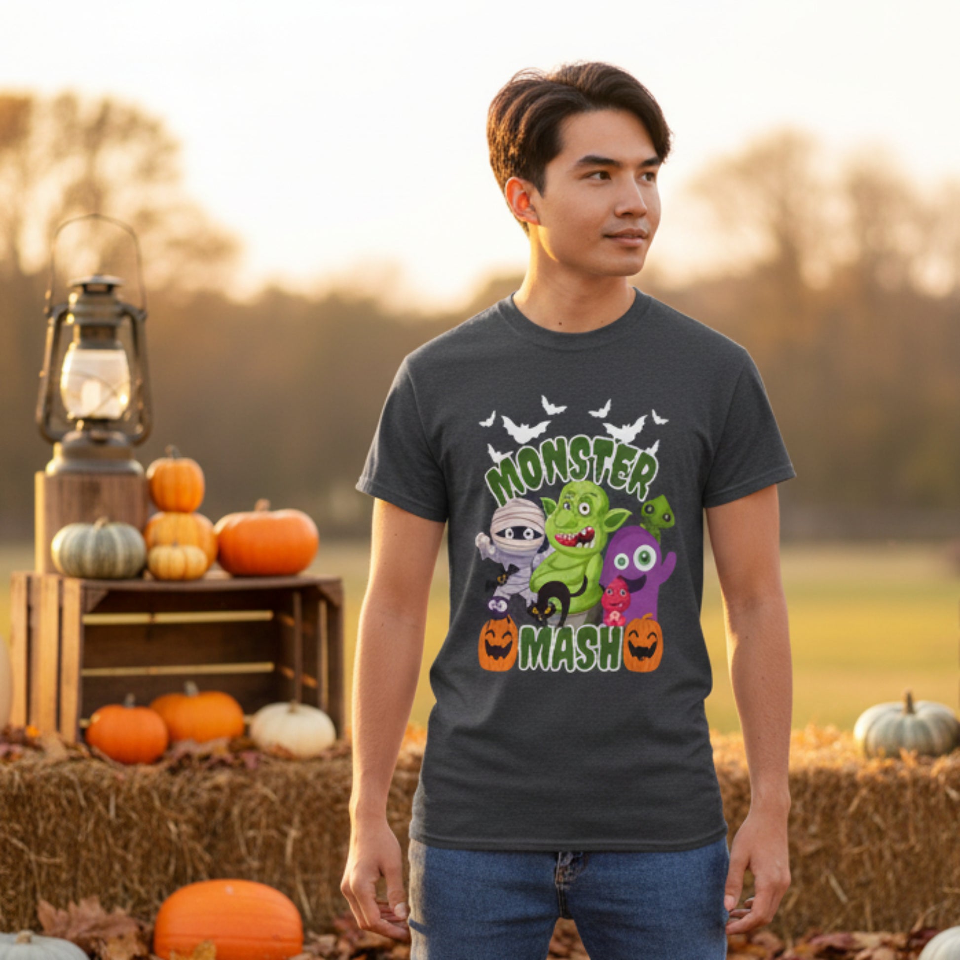 Spooky cute Monster Mash Halloween tee for adults featuring cartoon monsters, pumpkins, bats, black cat and mummy with dripping green slime text. Printed on Gildan 2000 unisex shirt in black and dark heather colors, sizes S through 5XL. Perfect for Halloween parties, school celebrations, haunted house nights, trick or treating, cozy fall weekends, funny graphic tee, October fashion, festive monster shirt.