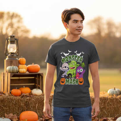 Spooky cute Monster Mash Halloween tee for adults featuring cartoon monsters, pumpkins, bats, black cat and mummy with dripping green slime text. Printed on Gildan 2000 unisex shirt in black and dark heather colors, sizes S through 5XL. Perfect for Halloween parties, school celebrations, haunted house nights, trick or treating, cozy fall weekends, funny graphic tee, October fashion, festive monster shirt.