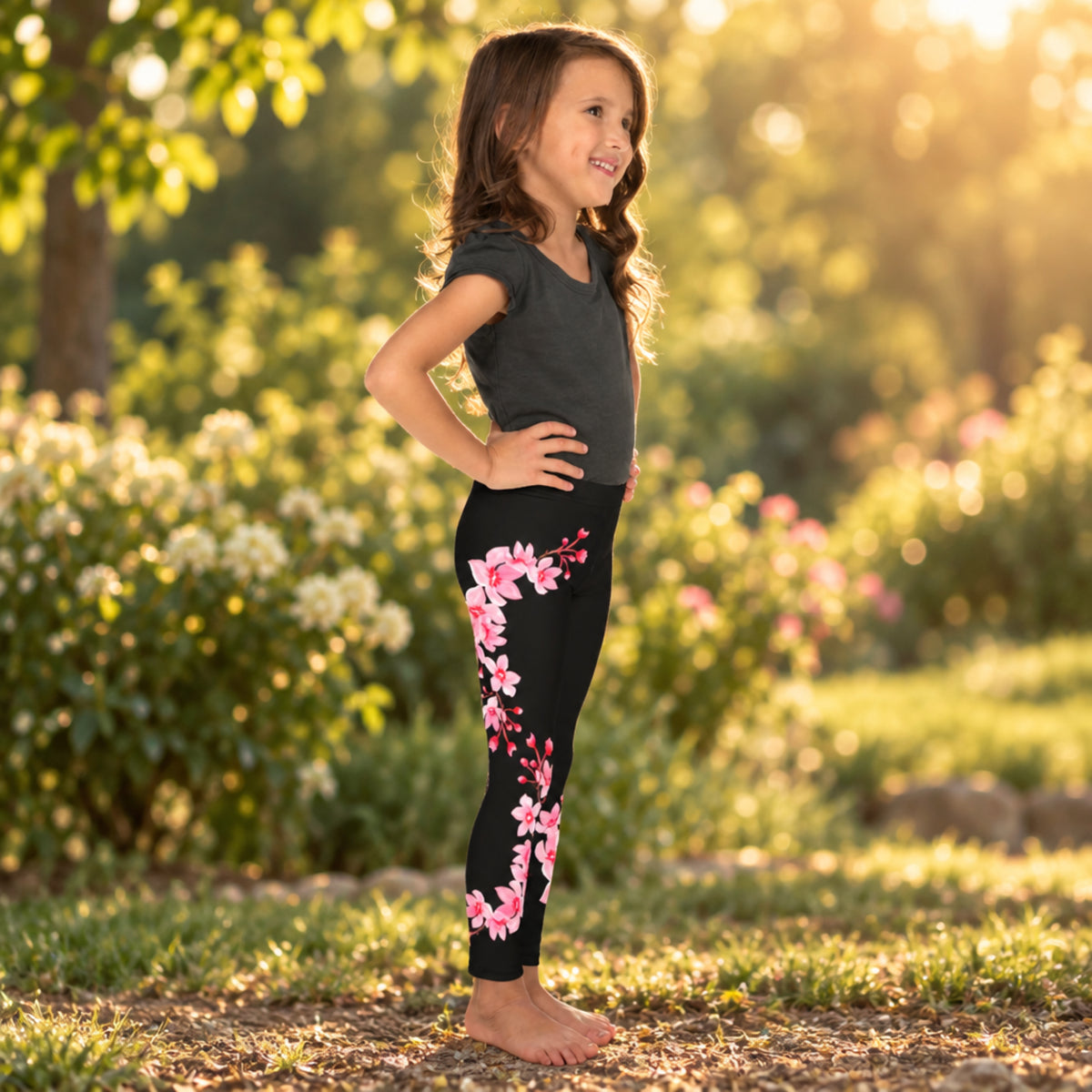 Black girls leggings decorated with pink cherry blossoms and sakura flowers, creating a spring inspired floral outfit for toddlers and young girls. The Japanese inspired design is a pretty choice for cherry blossom season, spring outfits, nature lovers, and everyday wear.