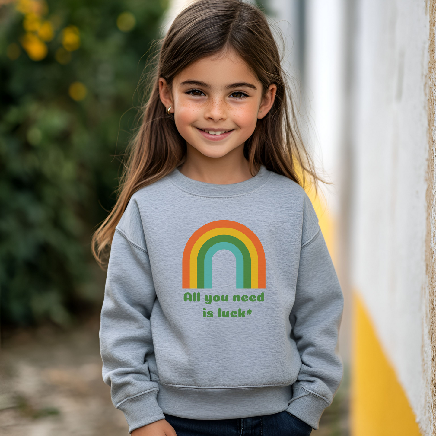 Image: All You Need is Luck St Patricks Day Sweatshirt for Toddlers Girls and Tweens. This crewneck pullover features a retro rainbow, the text All You Need is Luck and a four leaf clover. Available in white, black and gray, by jaecrece