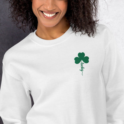 Women's embroidered St. Patrick's Day sweatshirt available in sizes S through 5XL, offering a comfortable festive outfit option with extended sizing for every body.