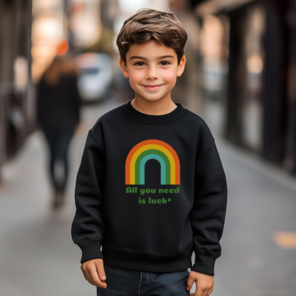 Image: All You Need is Luck St Patricks Day Sweatshirt for Toddlers Girls and Tweens. This crewneck pullover features a retro rainbow, the text All You Need is Luck and a four leaf clover. Available in white, black and gray, by jaecrece