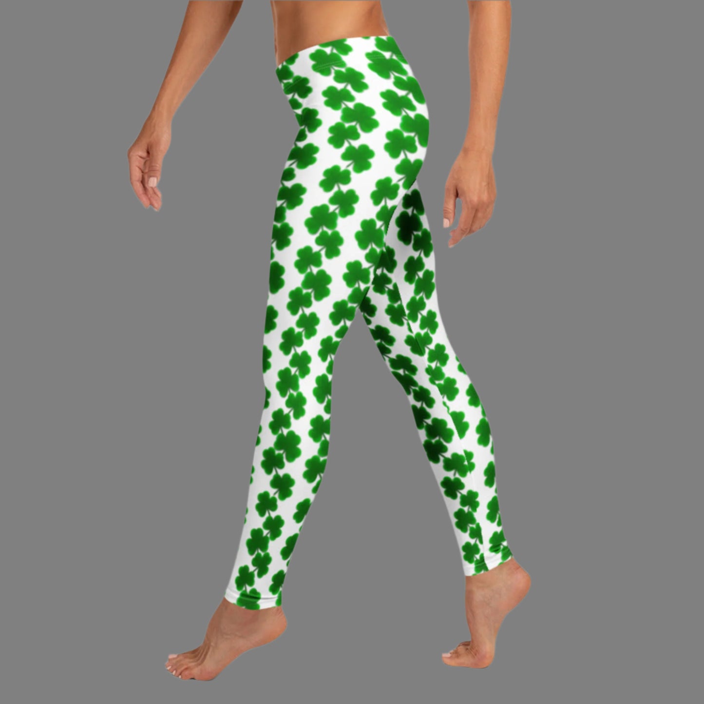 Image: St Patricks Day Lucky Shamrock Leggings for women.Show off your Irish spirit with these women’s shamrock leggings in sizes XS–XL. Featuring full-length legs and a flattering mid-rise waist, these festive leggings have a crisp white base decorated with chains of green clovers. The comfortable, stretchy fabric makes them ideal for parades, parties, or lounging at home. Match them with your child’s outfit for a picture-perfect March look.
