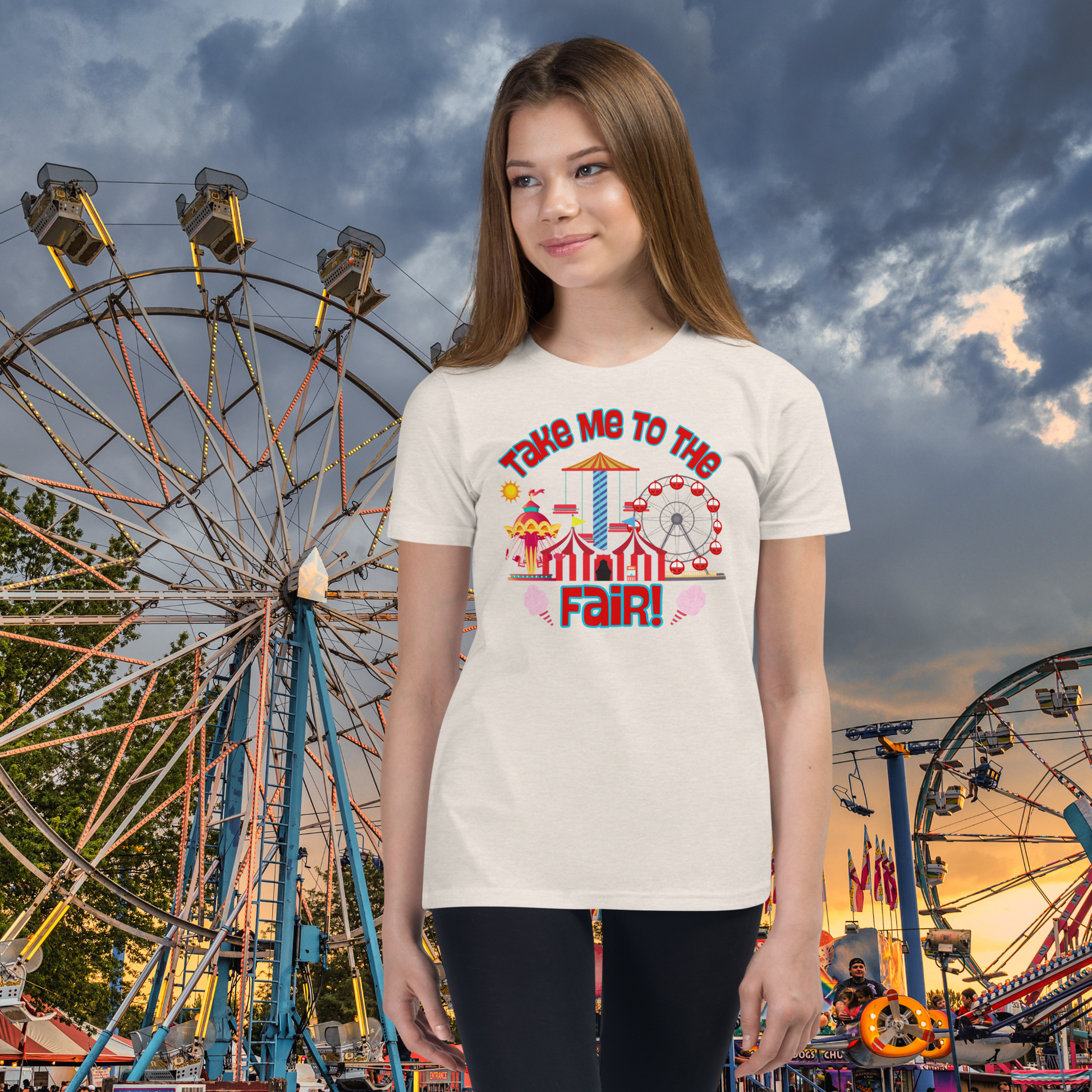 Fun Take Me To The Fair tee featuring a colorful Ferris wheel, carnival rides, striped fair tent, cotton candy, and playful fair day graphics.