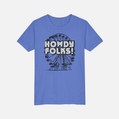 A heather blue short-sleeve t-shirt with a black graphic of a Ferris wheel and the text 'HOWDY FOLKS!' printed on the chest, displayed against a light gray background.