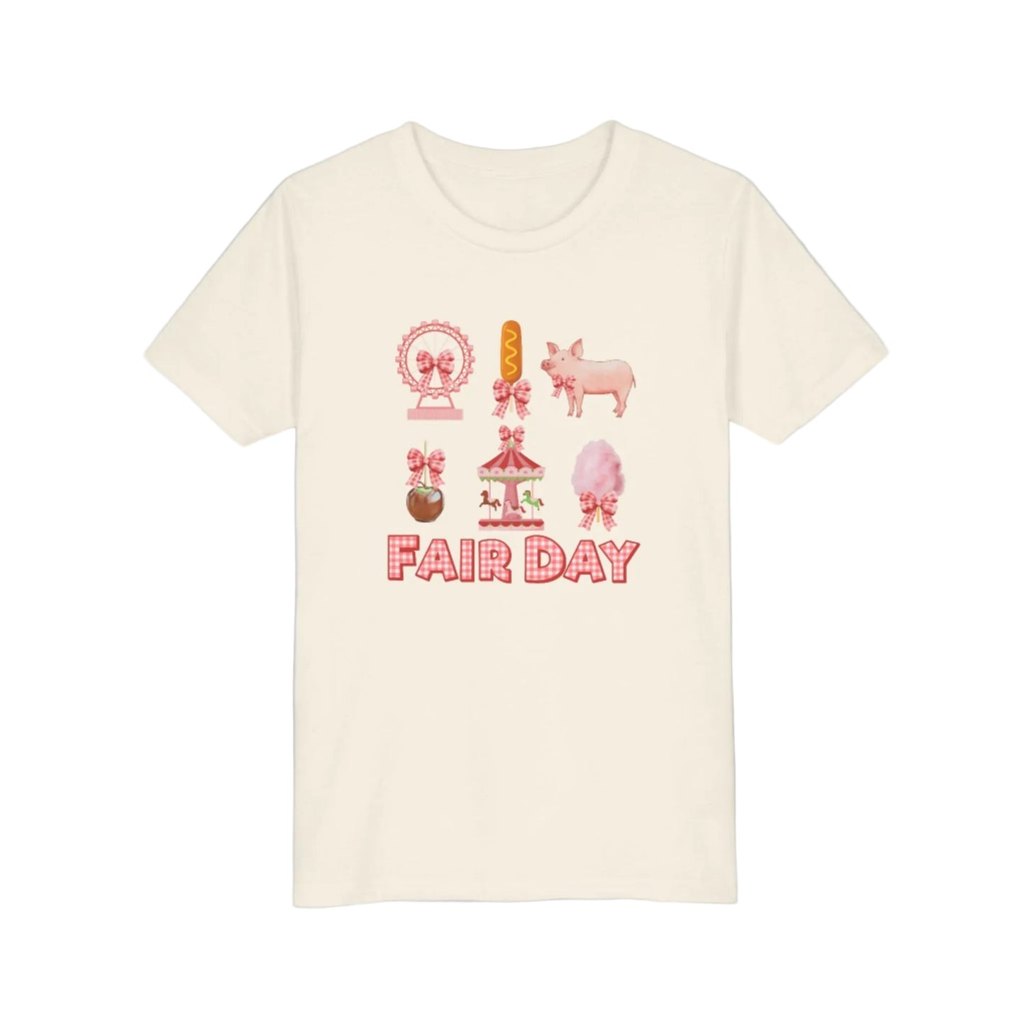 Image: A playful Fair Day graphic tee with red and white gingham lettering, designed for fair lovers of all ages. Featuring a collage of fair inspired images including a pig, Ferris wheel, caramel apple, and corndog, this shirt brings the fun of the fair to life. Designed with a soft girl coquette look, it is perfect for family matching outfits at the state fair, livestock shows, or carnival themed birthday parties, available in toddler, girl, and women’s sizes, by jaecrece.