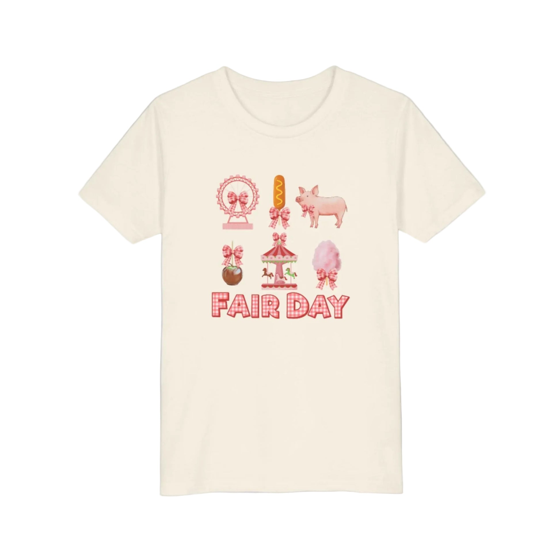Image: A playful Fair Day graphic tee with red and white gingham lettering, designed for fair lovers of all ages. Featuring a collage of fair inspired images including a pig, Ferris wheel, caramel apple, and corndog, this shirt brings the fun of the fair to life. Designed with a soft girl coquette look, it is perfect for family matching outfits at the state fair, livestock shows, or carnival themed birthday parties, available in toddler, girl, and women’s sizes, by jaecrece.