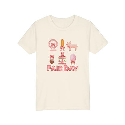 Image: A playful Fair Day graphic tee with red and white gingham lettering, designed for fair lovers of all ages. Featuring a collage of fair inspired images including a pig, Ferris wheel, caramel apple, and corndog, this shirt brings the fun of the fair to life. Designed with a soft girl coquette look, it is perfect for family matching outfits at the state fair, livestock shows, or carnival themed birthday parties, available in toddler, girl, and women’s sizes, by jaecrece.