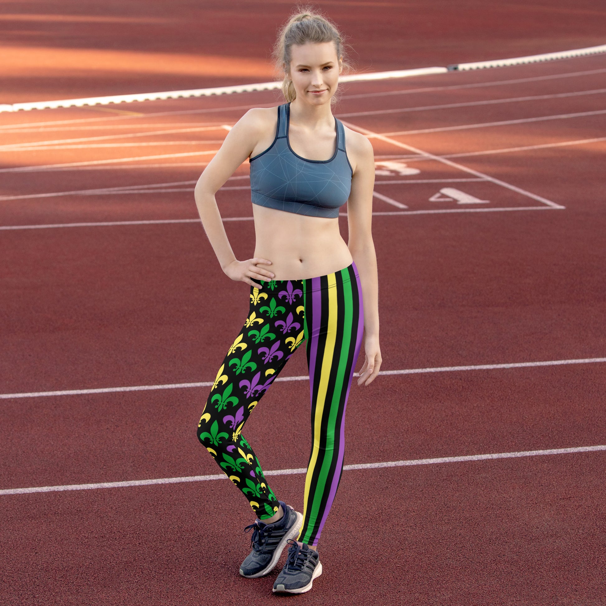 Designed for festive comfort, these women's Mardi Gras leggings have vibrant green, purple, and yellow accents in stripe and fleur-de-lis designs. The black full-length leggings offer a flattering fit and stretch, perfect for celebrating Carnival in New Orleans, watching parades, or dressing in theme with your little ones—matching kids’ sizes from 2T–20 also available.