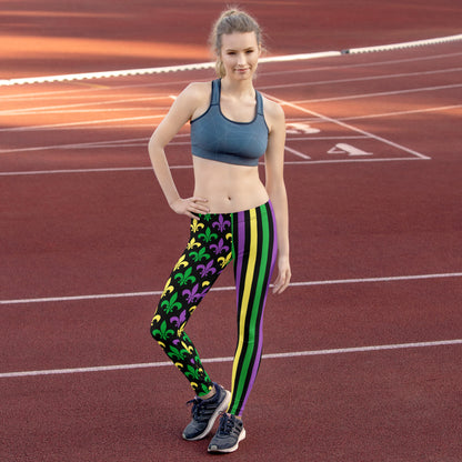 Designed for festive comfort, these women's Mardi Gras leggings have vibrant green, purple, and yellow accents in stripe and fleur-de-lis designs. The black full-length leggings offer a flattering fit and stretch, perfect for celebrating Carnival in New Orleans, watching parades, or dressing in theme with your little ones—matching kids’ sizes from 2T–20 also available.