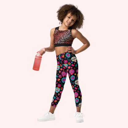  Toddler Leggings, Sugar Skull Girls Pants, Day of the Dead Halloween Costume Tights. Black yoga pants with sugar skulls, and flowers, by jaecrece