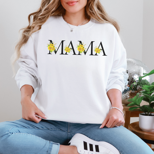 Image: MAMA sunflower tshirt, available in white, light pink and ash. This pullover crewneck features the word MAMA in large black block letters with sunflower calligraph accent. A great baby announcement gift or Mothers day present by jaecrece