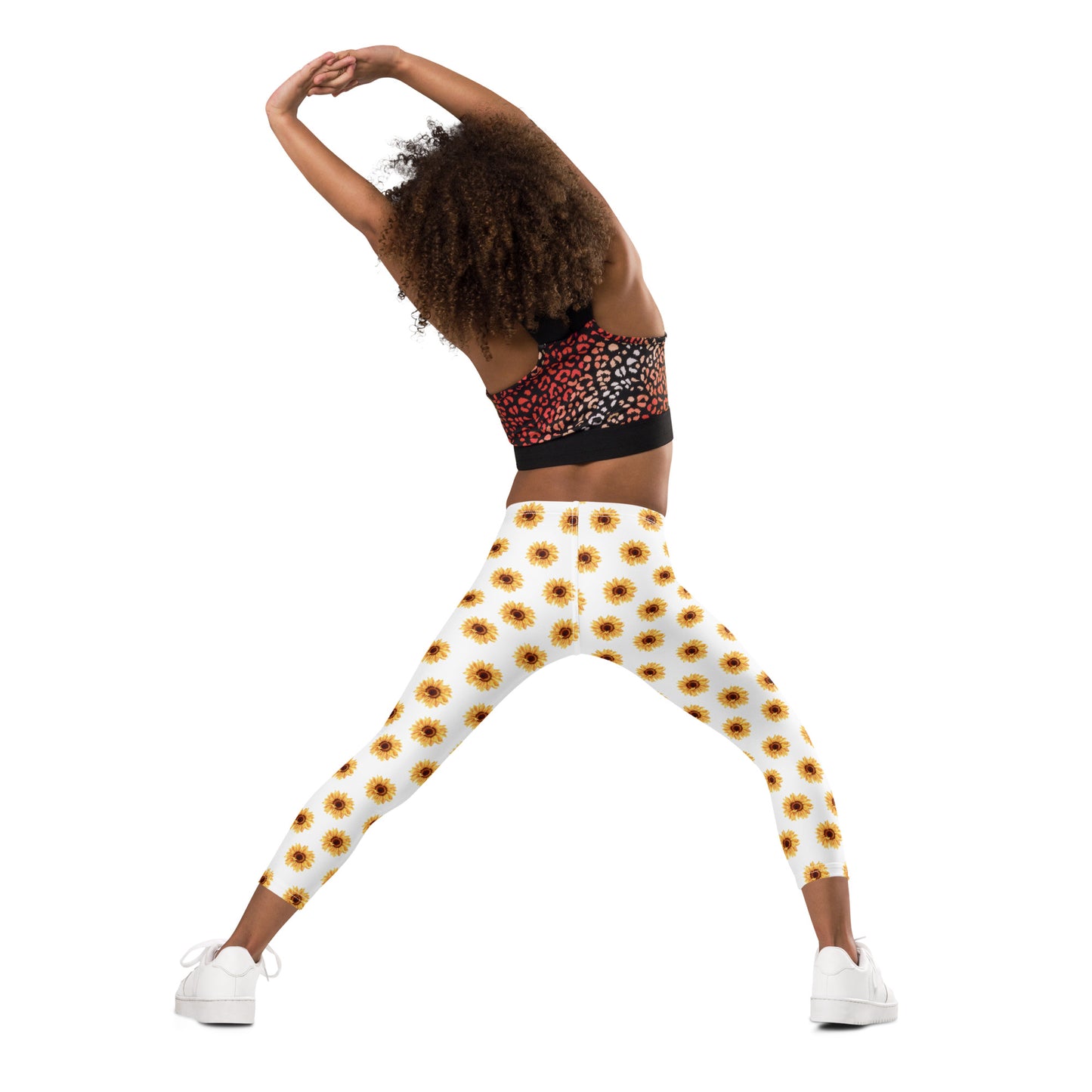 Girls’ sunflower leggings made for twirling, running, and everyday fun! Featuring a cheerful yellow floral pattern on soft white fabric, these toddler leggings combine comfort and durability. The high-rise waist and smooth microfiber stretch fabric keep them cozy through every activity. A perfect sunflower outfit for little girls, they’re part of a family matching collection for moms and sisters.