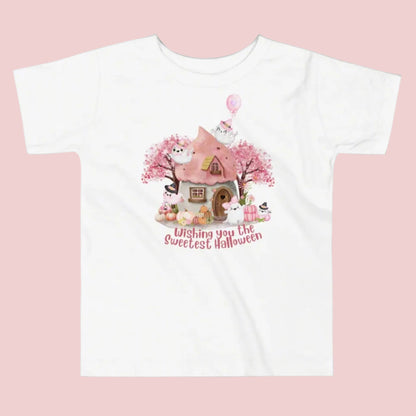 Pink toddler tshirt with a storybook cottage, pink trees, pink pumpkins and five sweet ghosts. The text reads Wishing you the sweetest halloween, by jaecrece
