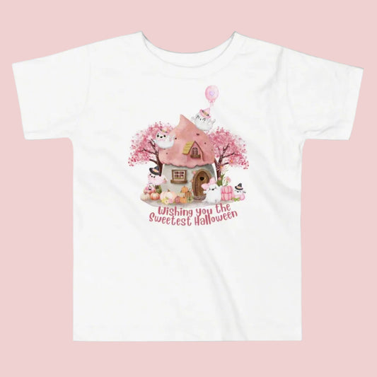 Pink toddler tshirt with a storybook cottage, pink trees, pink pumpkins and five sweet ghosts. The text reads Wishing you the sweetest halloween, by jaecrece