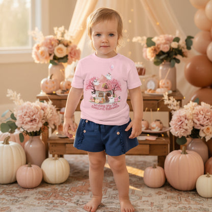 Sweet Halloween toddler shirt showing adorable friendly ghosts, pink pumpkins, fall flowers, and a whimsical cottage with a heart shaped door. The soft pink watercolor inspired palette makes this a fun choice for little ones who prefer cute Halloween designs.