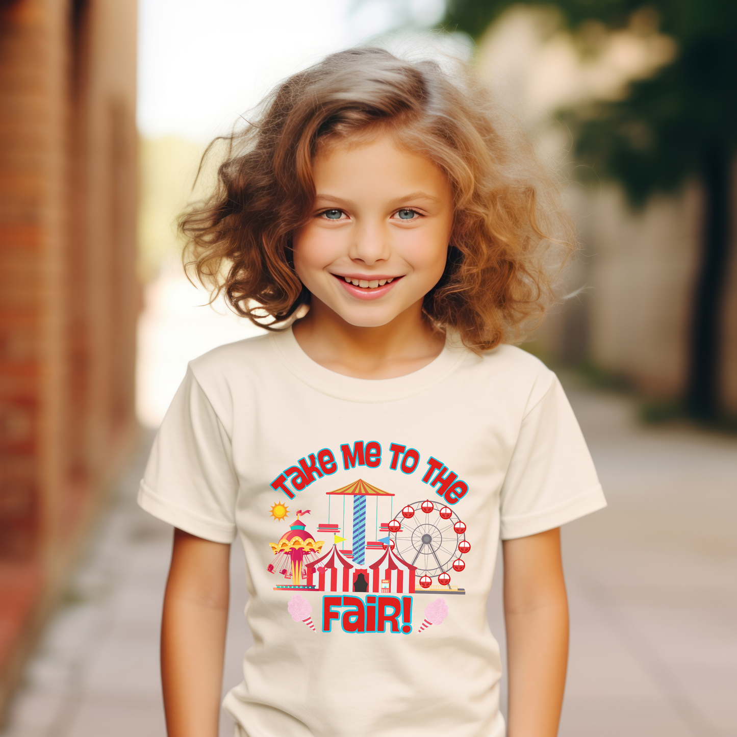 Take Me To The Fair graphic shirt with colorful state fair and carnival imagery including a Ferris wheel, carnival rides, fair tent, and cotton candy.