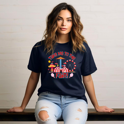 Fun and festive Take Me to the Fair Tee for adults, featuring pastel carnival ride artwork and cotton candy. Designed for state and county fair lovers, this shirt is perfect for fair day adventures in Texas, Iowa, or Minnesota. A great summertime festival outfit idea, this soft cotton graphic shirt by jaecrece captures the whimsy of fair season and makes a cute photo-ready outfit for fair dates and family outings.