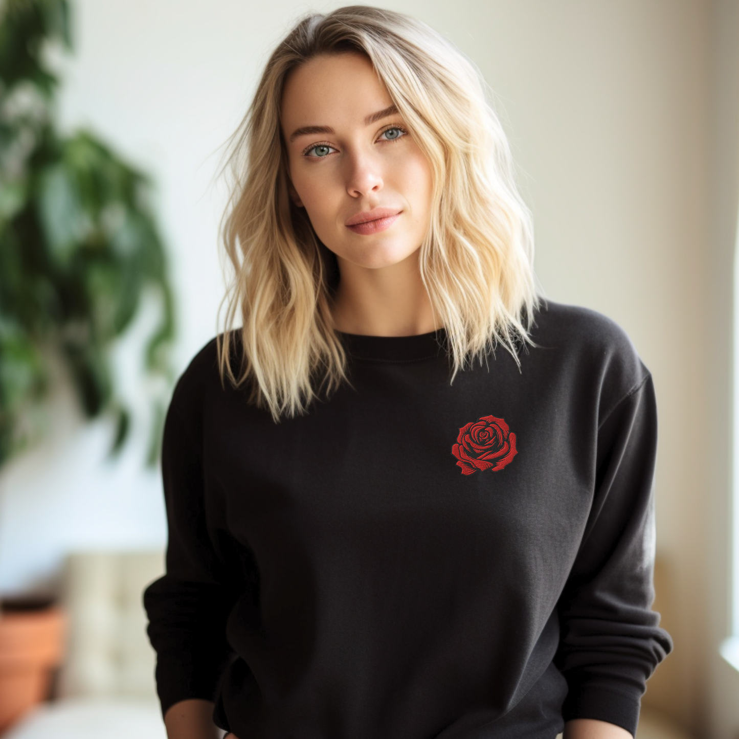 Woman wearing a black embroidered rose sweatshirt featuring bold red floral embroidery on the chest. The soft cotton polyester blend provides cozy comfort and a classic fit, perfect for casual outfits, layering, or lounging. A thoughtful gift for June birthdays, anniversaries, or Valentine’s Day, ideal for women who love romantic floral embroidery, timeless style, and cozy statement pieces.