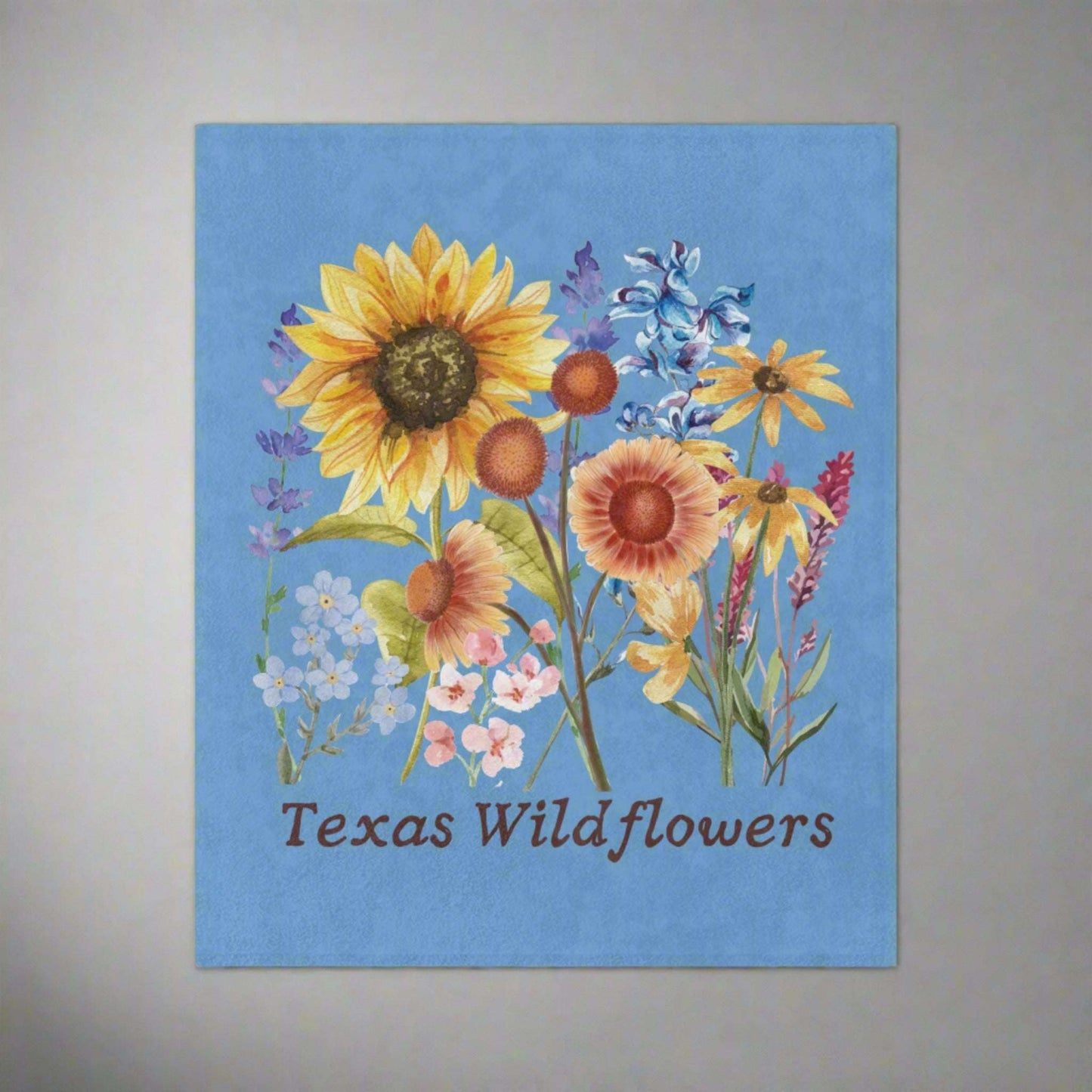 Wrap yourself in cozy comfort with this Texas wildflower throw blanket. Made from ultra-soft plush, it features watercolor sunflowers, bluebonnets, and pastel blooms perfect for spring. This floral blanket makes a charming Texas baby gift, farmhouse decor accent, or couch throw for southern homes. A unique state flower blanket that blends rustic elegance with botanical beauty for her, for mom, or for your wildflower-loving best friend.