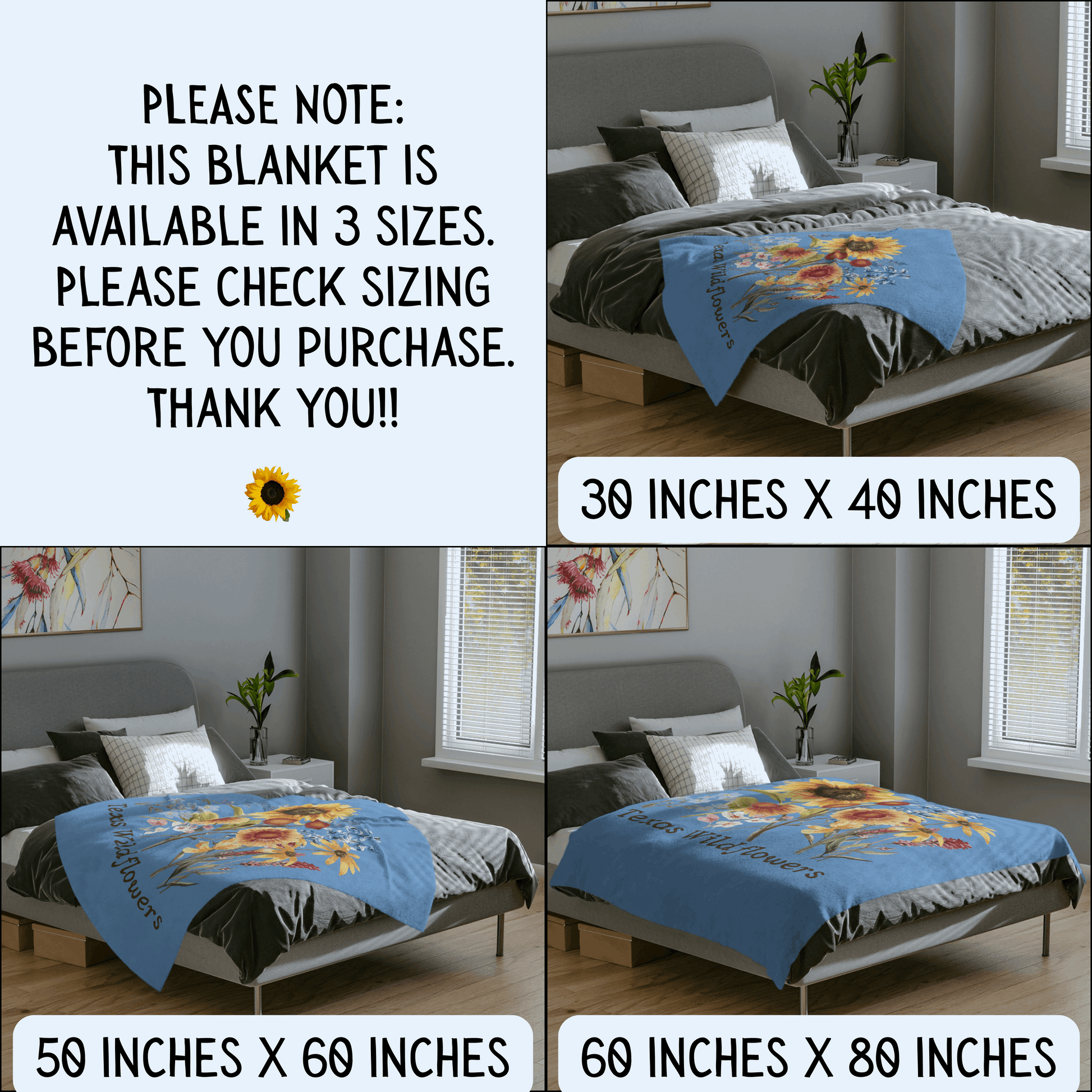 Image: Please note, this blanket is available in three sizes. Please check sizing before you purchase. Thank you! Three sizes available: 30 x 40 inches, 50 x 60 inches, 60 x 80 inches. Bring a touch of Texas beauty to your home with this watercolor wildflower blanket. Featuring bluebonnets, sunflowers, and soft pastel blooms, this plush floral throw is a cozy addition to any room. A great gift for Mother's Day, a Texas-themed nursery, or southern-inspired decor.