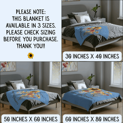 Image: Please note, this blanket is available in three sizes. Please check sizing before you purchase. Thank you! Three sizes available: 30 x 40 inches, 50 x 60 inches, 60 x 80 inches. Bring a touch of Texas beauty to your home with this watercolor wildflower blanket. Featuring bluebonnets, sunflowers, and soft pastel blooms, this plush floral throw is a cozy addition to any room. A great gift for Mother's Day, a Texas-themed nursery, or southern-inspired decor.