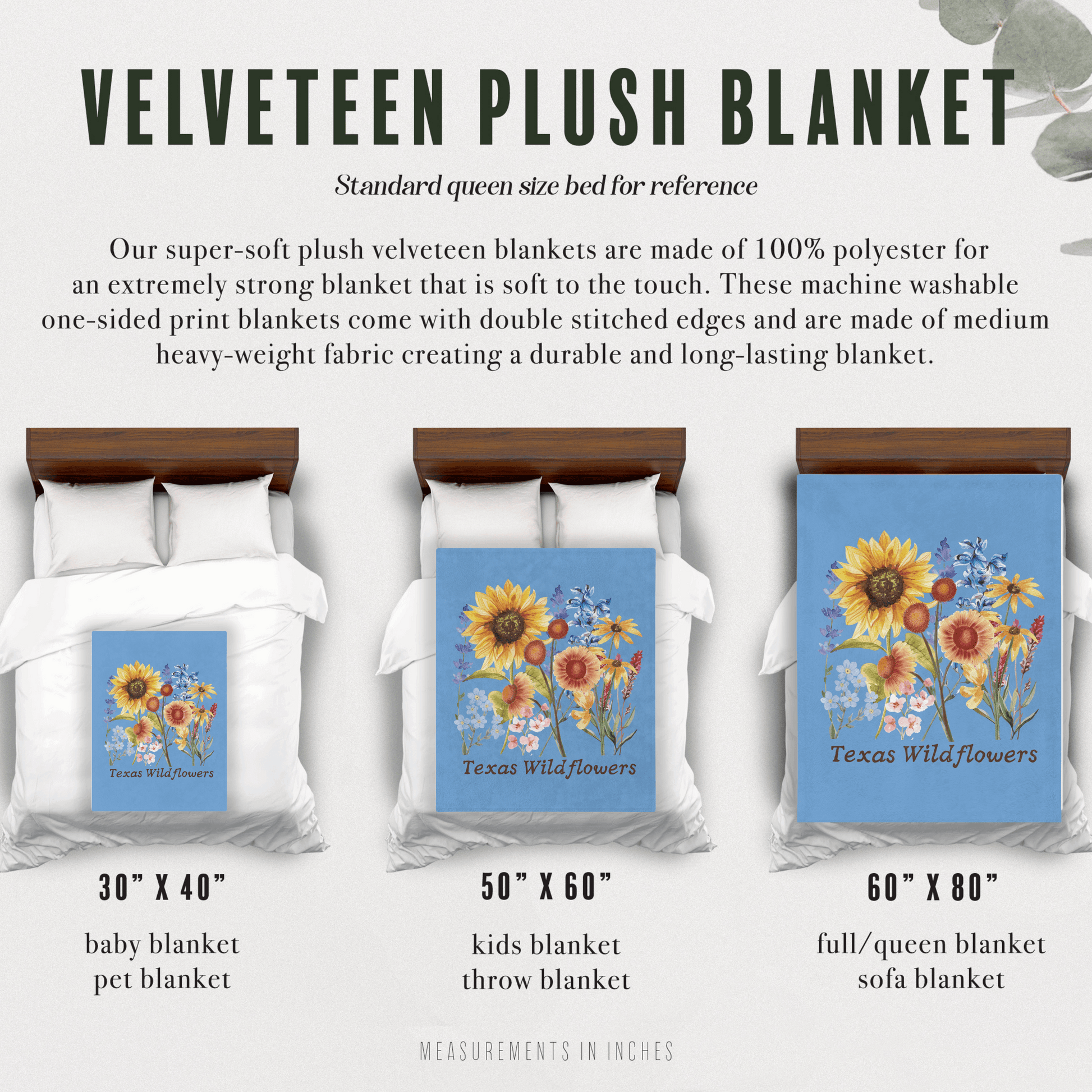 This Texas floral throw blanket showcases a charming wildflower print with watercolor bluebonnets, sunflowers, and delicate pastel greenery. Ideal for spring home decor, baby gifts, or cozying up on the couch, this plush blanket celebrates Texas nature and southern charm. It's a soft and snuggly gift for moms, gardeners, and fans of wildflower or botanical print home accents. This Velveteen Plush Blanket is available in 3 sizes. It is an extremely strong blanket that is soft to the touch. Machine washable.