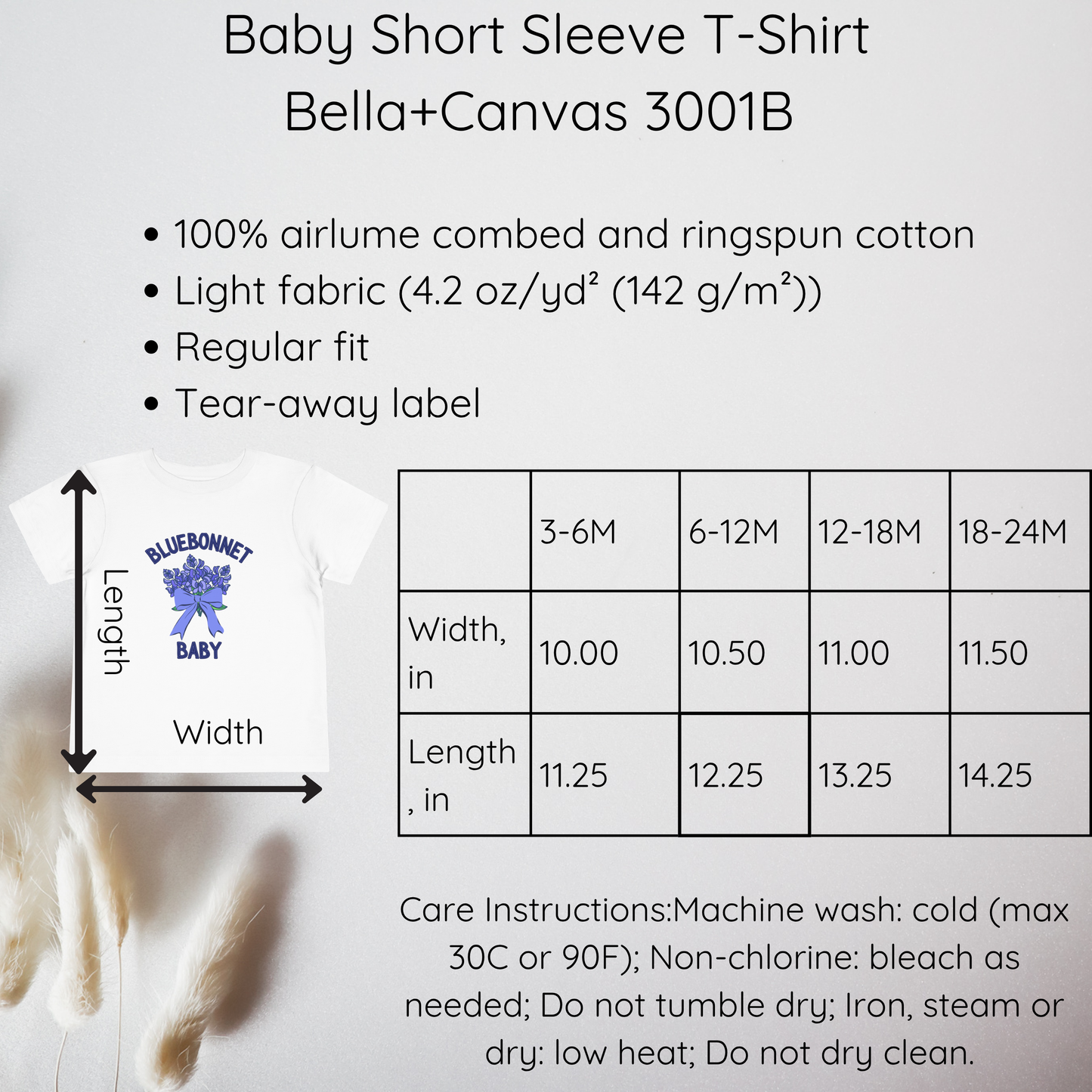 Baby short sleeve t-shirt size chart with fabric and care information on a white background