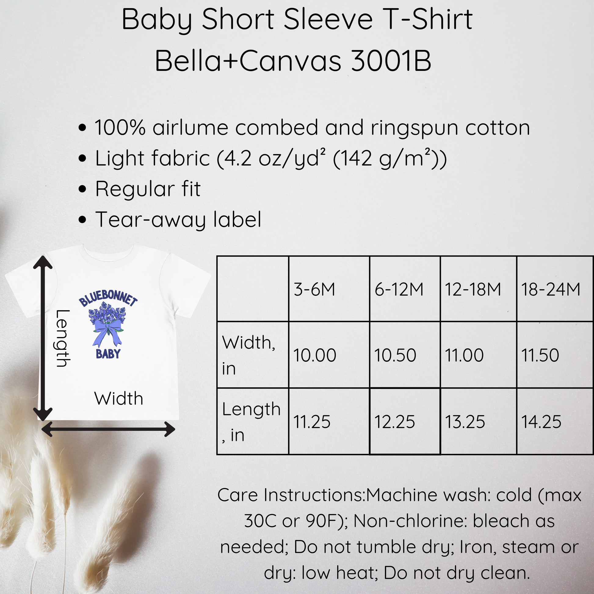 Baby short sleeve t-shirt size chart with fabric and care information on a white background