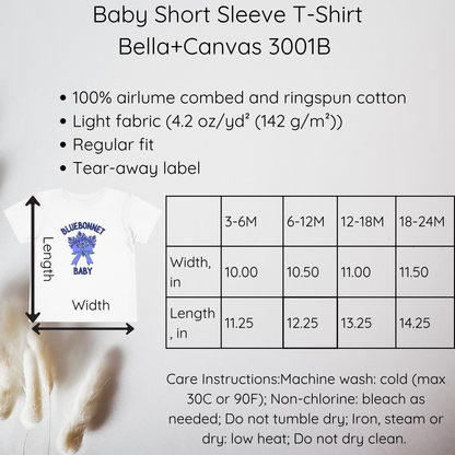 Baby short sleeve t-shirt size chart with fabric and care information on a white background