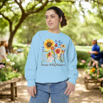 Texas wildflower print sweatshirt with cozy fleece feel and vintage floral artwork. This springtime staple features native blooms like bluebonnets and Indian paintbrush, perfect for Southern girls who love scenic drives and nature trails. Pairs beautifully with jeans or leggings for a casual, charming Texas inspired outfit that’s equal parts comfortable and cute.