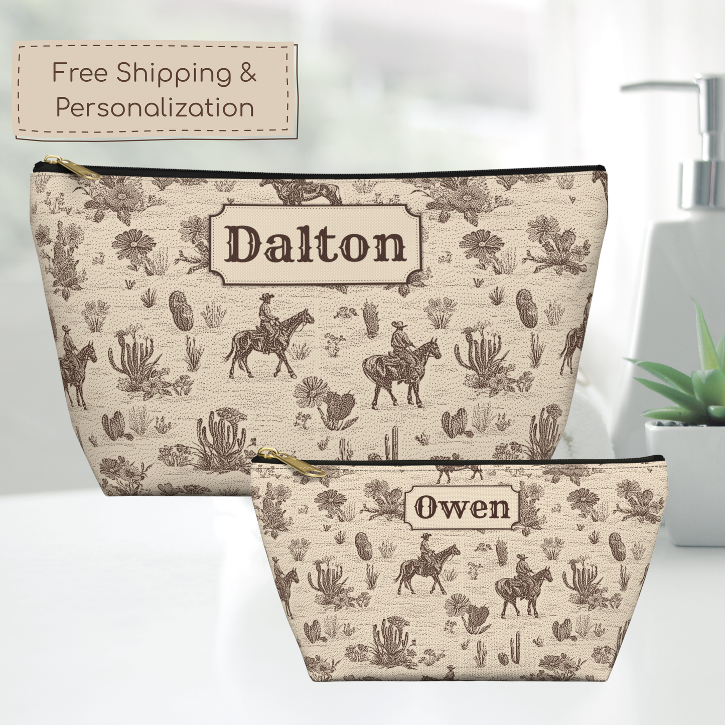Custom name Western toiletry bag featuring a sophisticated vintage cowboy pattern in sepia brown and cream. The detailed toile design includes riders on horseback, desert plants and cacti. A structured T bottom and secure zipper make this personalized travel pouch practical for toiletries, cosmetics, grooming supplies and accessories.