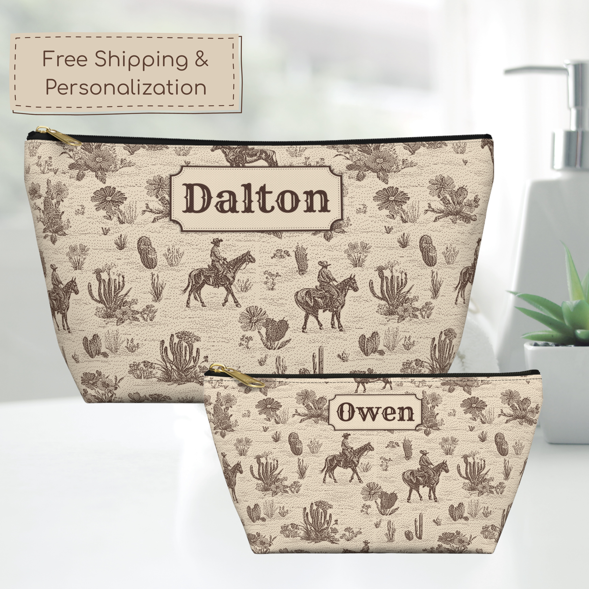 Custom name Western toiletry bag featuring a sophisticated vintage cowboy pattern in sepia brown and cream. The detailed toile design includes riders on horseback, desert plants and cacti. A structured T bottom and secure zipper make this personalized travel pouch practical for toiletries, cosmetics, grooming supplies and accessories.