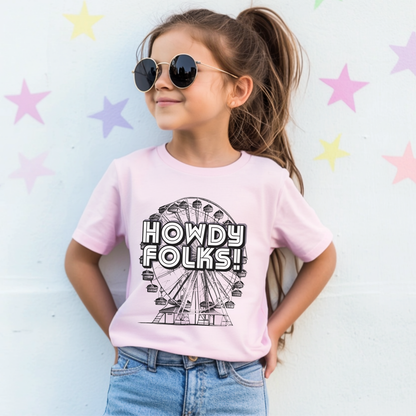 Texas State Fair kids shirt featuring a vintage inspired Ferris wheel graphic with bold HOWDY FOLKS lettering. This colorful youth tee captures the nostalgic fun of carnival rides, fairgrounds, festivals, and classic State Fair days. Perfect for children visiting the State Fair of Texas, family fair outings, fall festivals, and photos, with matching adult sizes available for coordinated family outfits.