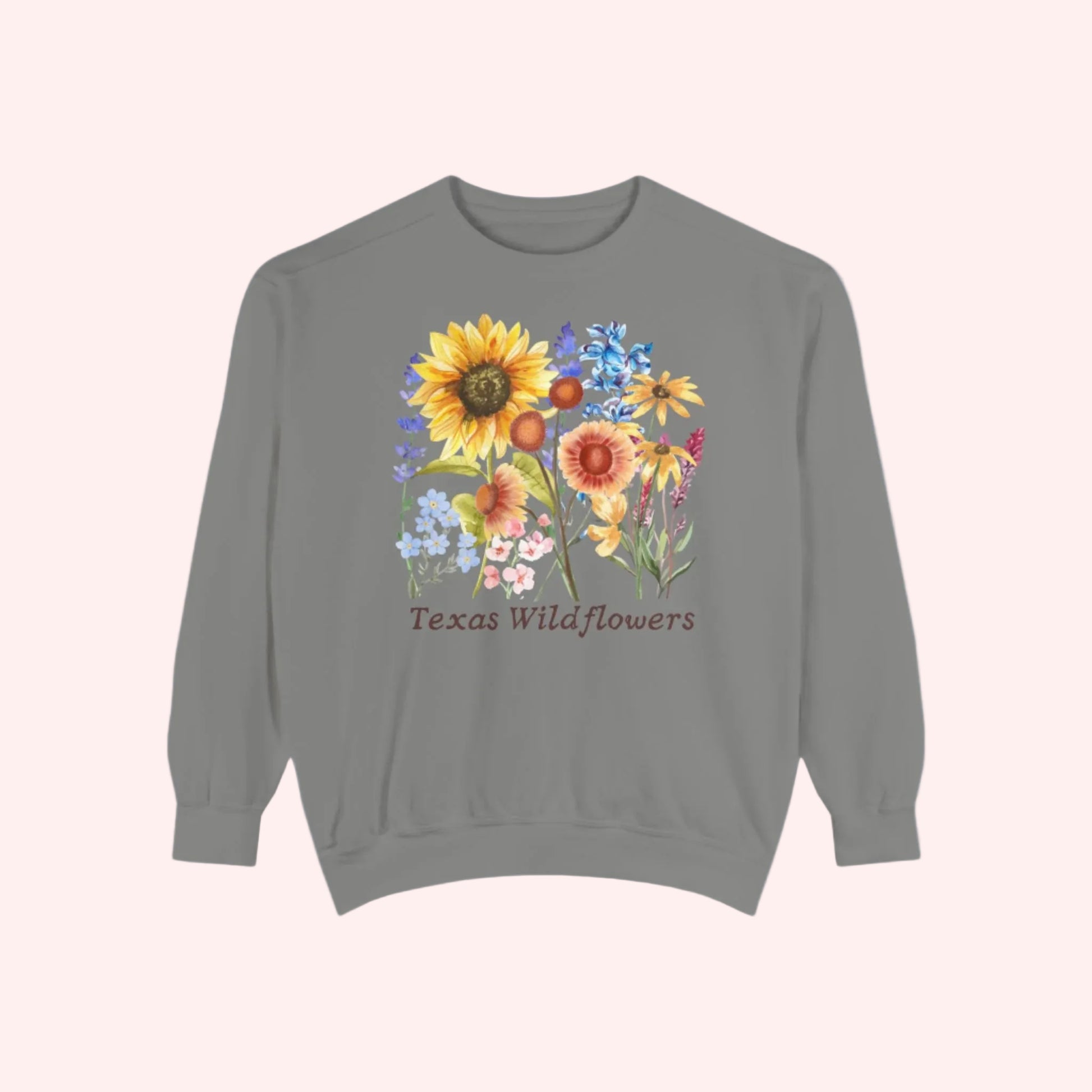 Texas wildflower fleece sweatshirt for women featuring pastel illustrations of bluebonnets and Indian paintbrush. This spring ready pullover brings vintage floral charm to your everyday wardrobe. Breathable and stylish, it’s the perfect layer for flower photography, farmers markets, or seasonal strolls. A cute and cozy option for those who love Southern fashion and botanical design.