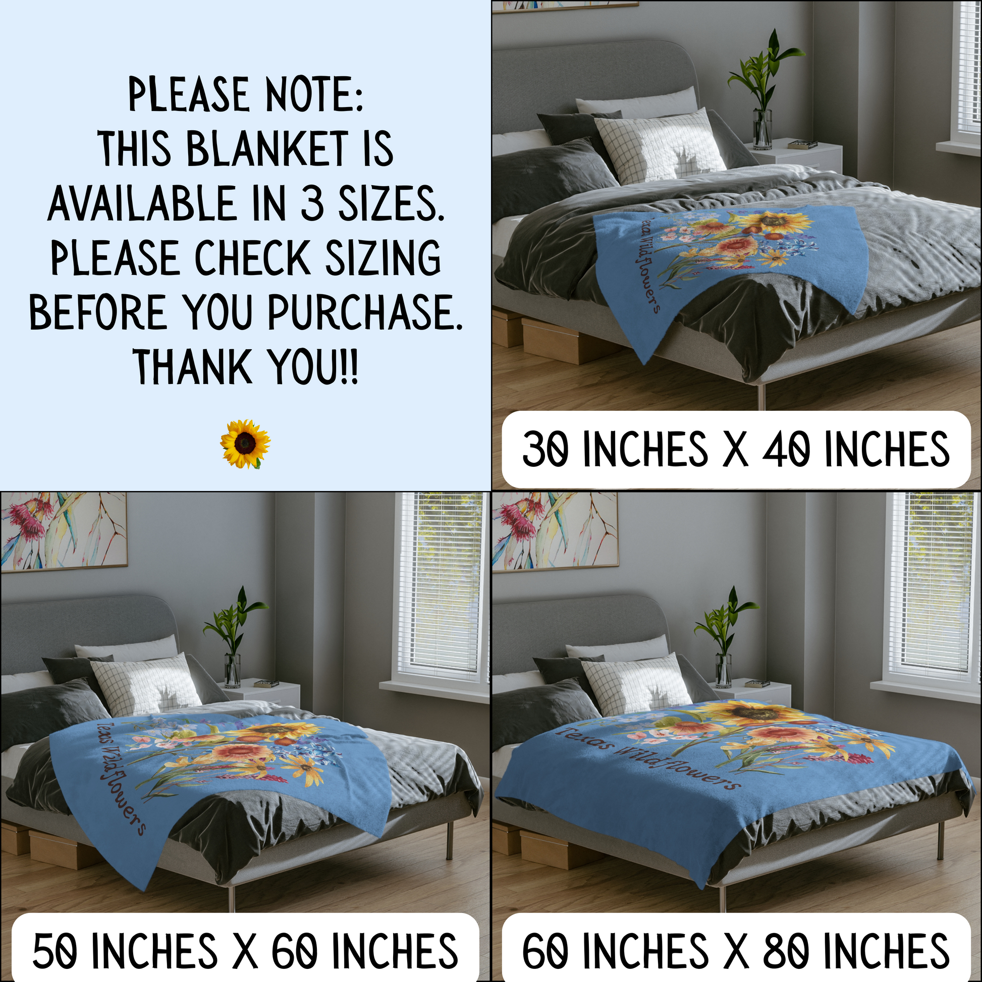 Image: Please note, this blanket is available in three sizes. Please check sizing before you purchase. Thank you! Three sizes available: 30 x 40 inches, 50 x 60 inches, 60 x 80 inches. Bring a touch of Texas beauty to your home with this watercolor wildflower blanket. Featuring bluebonnets, sunflowers, and soft pastel blooms, this plush floral throw is a cozy addition to any room. A great gift for Mother's Day, a Texas-themed nursery, or southern-inspired decor.