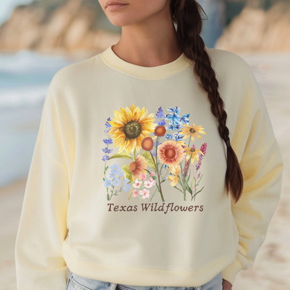 Texas wildflower fleece sweatshirt for women featuring pastel illustrations of bluebonnets and Indian paintbrush. This spring ready pullover brings vintage floral charm to your everyday wardrobe. Breathable and stylish, it’s the perfect layer for flower photography, farmers markets, or seasonal strolls. A cute and cozy option for those who love Southern fashion and botanical design.