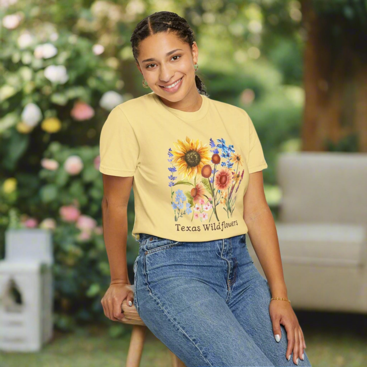 Texas wildflower tee in Comfort Colors style with bluebonnet graphics and a pastel floral print. This soft girl, Southern-style shirt celebrates spring blooms and Texas pride. A beautiful gift for nature lovers or festivalgoers, it’s breathable, comfy, and perfect for casual looks inspired by wildflower drives and spring landscapes.