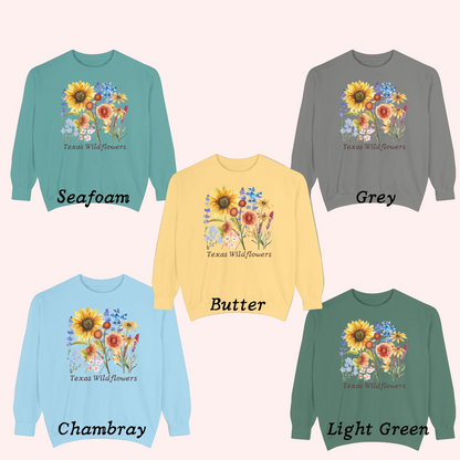 Charming Texas wildflower crewneck sweatshirt made with breathable fleece and hand-illustrated florals. A soft and stylish tribute to Texas spring, featuring bluebonnets and other native flowers. Ideal for layering during wildflower drives, outdoor markets, or countryside strolls. Blends effortlessly with Western, boho, and soft girl aesthetics.