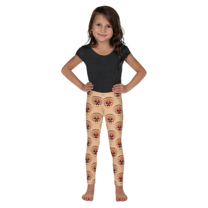 Thanksgiving Turkey Love Toddler leggings. These yoga pants are peach, and have a repeating pattern of turkeys showing the love sign with their hands. These girls child tights make a great gift, or a family matching outfit for the Turkey Trot! by jaecrece