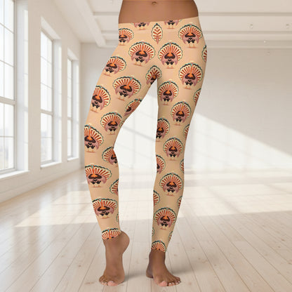 Thanksgiving Turkey Love ladies leggings. These womens yoga pants are peach, and have a repeating pattern of turkeys showing the love sign with their hands. These womens tights make a great gift, or a family matching outfit for the Turkey Trot! by jaecrece