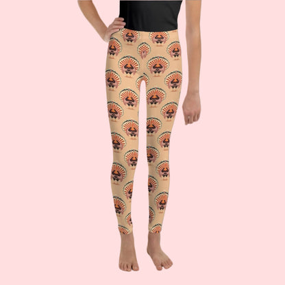 Thanksgiving Turkey Love child leggings. These girls yoga pants are peach, and have a repeating pattern of turkeys showing the love sign with their hands. These girls child tights make a great gift, or a family matching outfit for the Turkey Trot! by jaecrece
