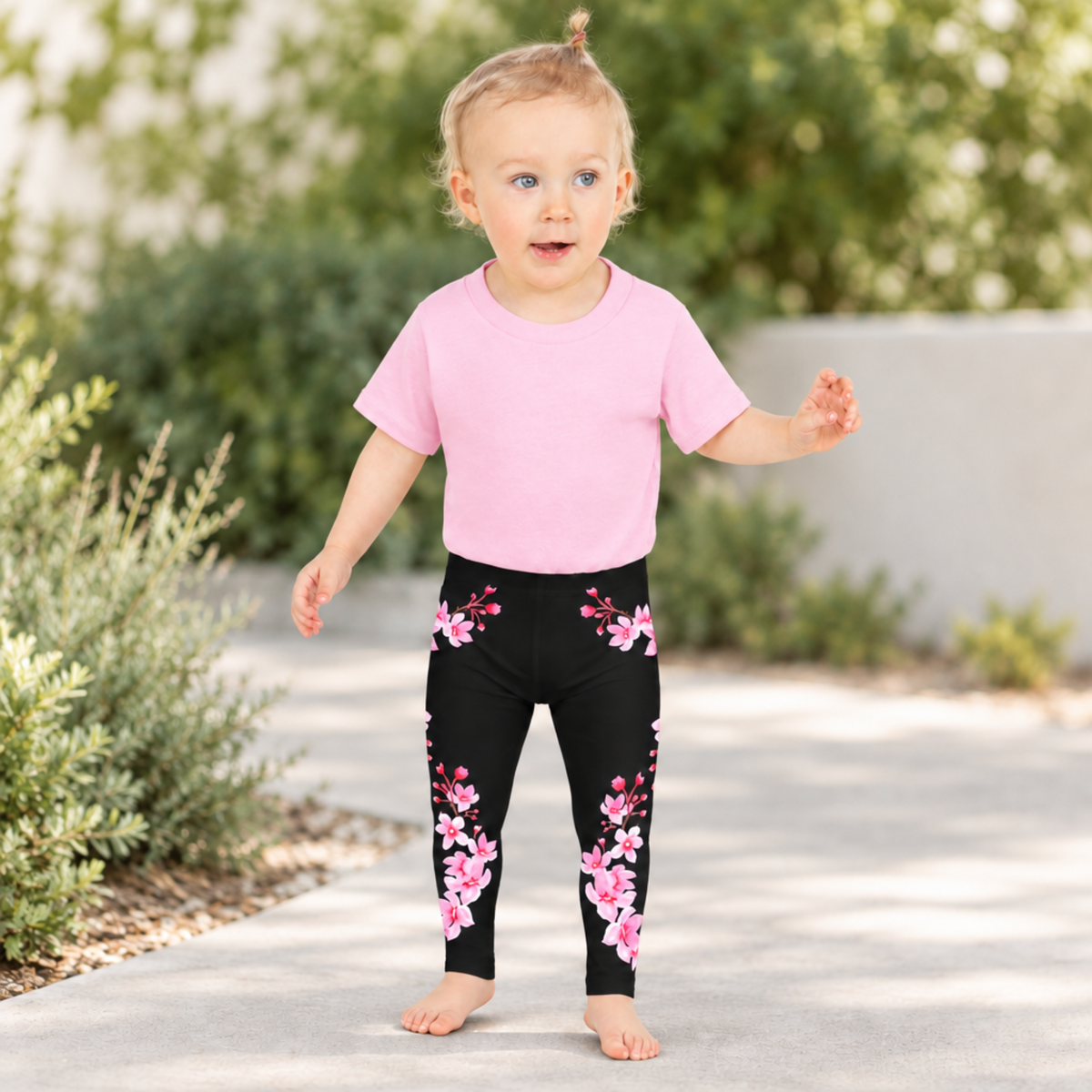 Toddler and young girls cherry blossom leggings available in sizes 2T through 7, featuring pink sakura flowers on a black background. The stretchy full length design offers comfortable coverage and easy movement for active little girls throughout the day.